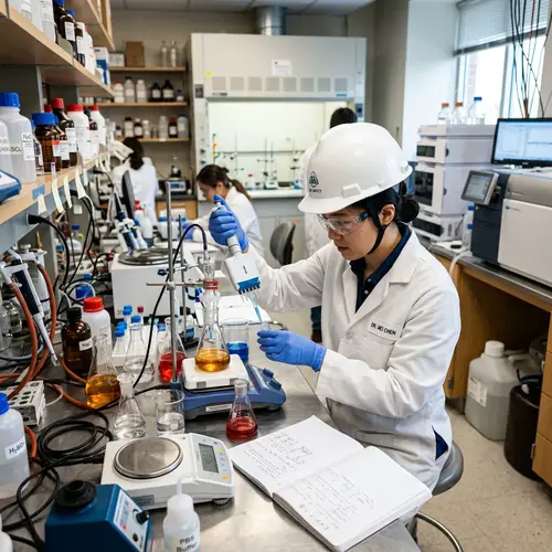 Asian Woman Scientist in Lab: Focused Experimentation