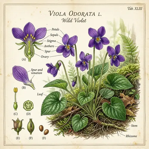 Botanical Illustration of Wild Violets | Detailed Anatomy