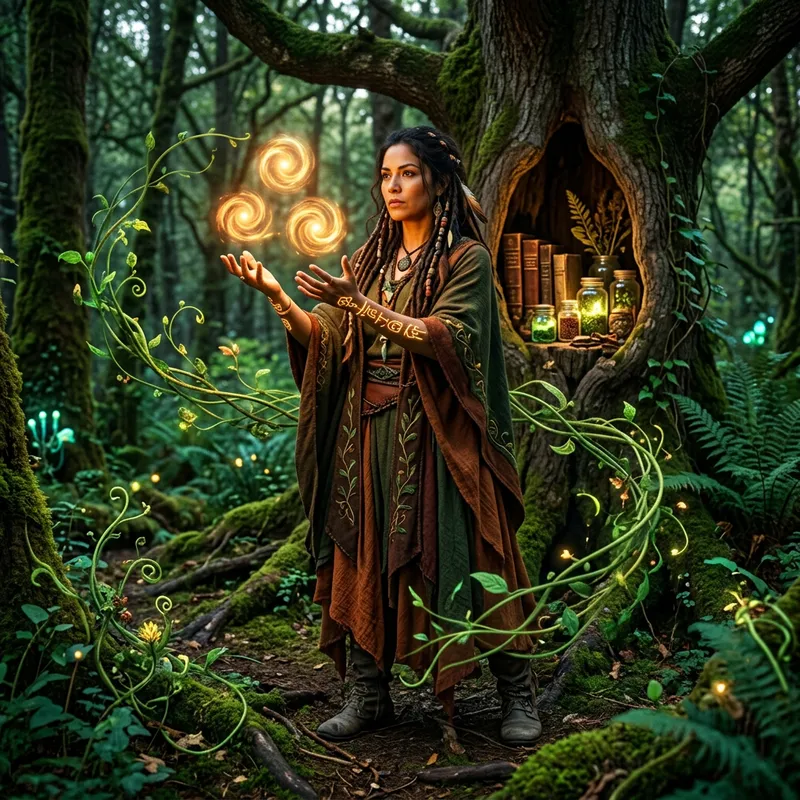 Earthy Magical Hispanic Female Magician in Mystical Clearing