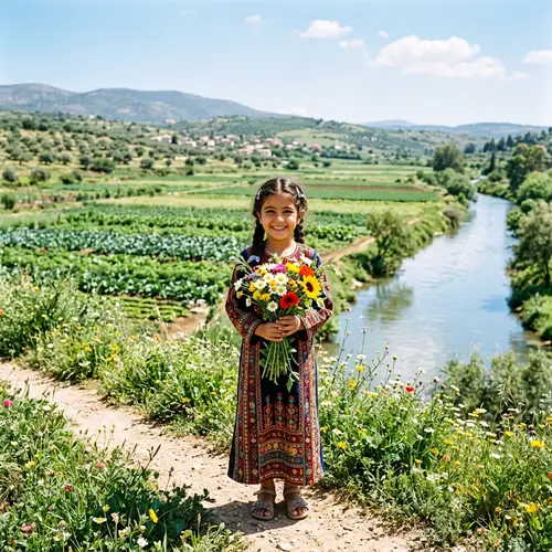 Cheerful Middle-Eastern Girl with Bouquet of Flowers at Green Farm