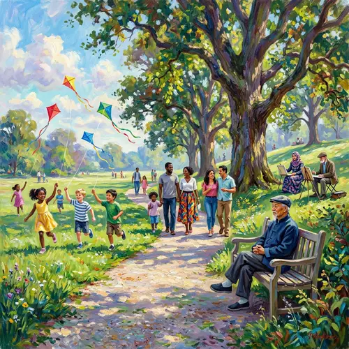 Impressionism Art in a Park: Diverse Scenery and Activities