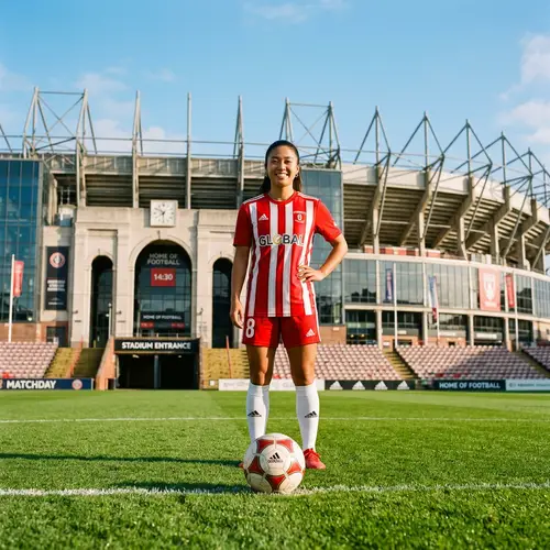 Grand Football Stadium - Asian Female Soccer Player and Ball on Green Grass