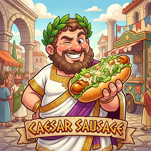 Caesar Sausage: Playful Cartoon Julius Caesar with Vibrant Colors