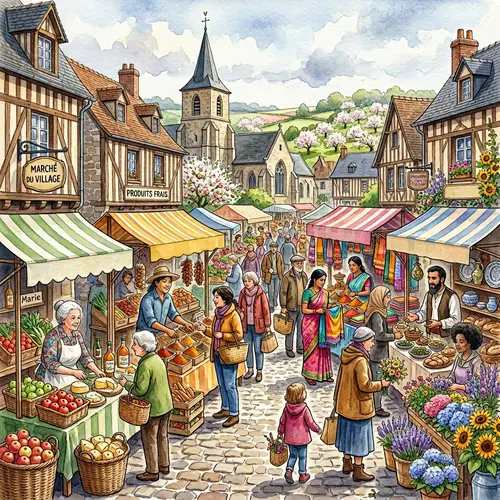 Charming Village Market Watercolor Painting