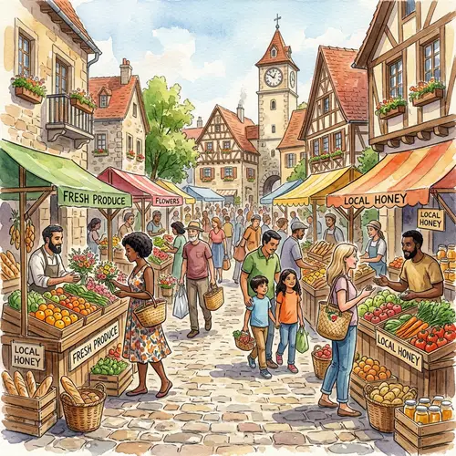 Quaint Village Market Watercolor Painting