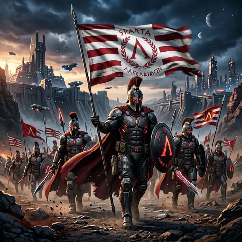Futuristic Spartans with Red and White Flags