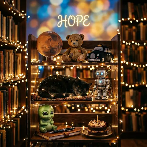 Enchanting Library Corner with Magical Creatures and Objects