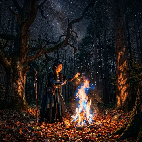 Asian Witch Conjuring Fire in Enchanted Forest at Night