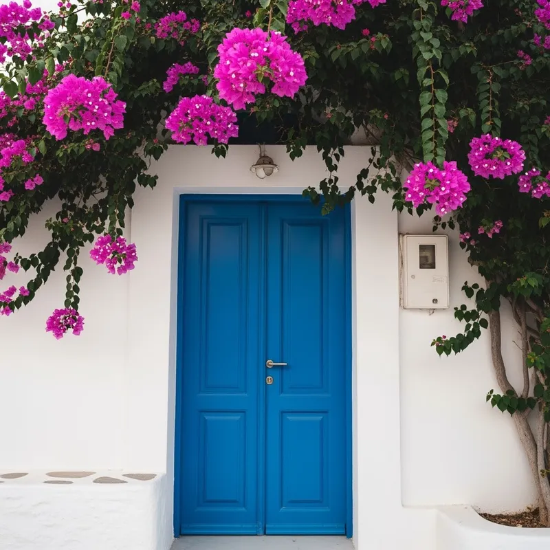 Stunning Cycladic Blue Door with Bougainvillea