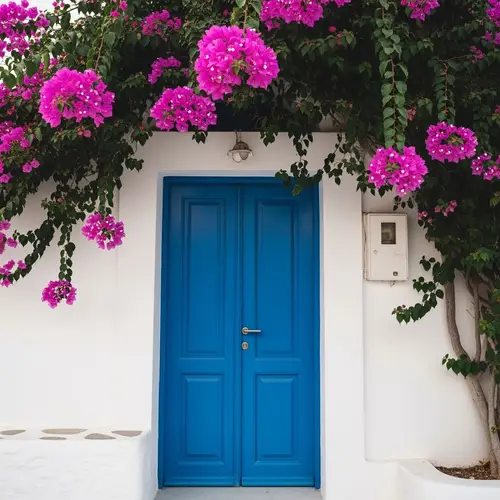 Stunning Cycladic Blue Door with Bougainvillea
