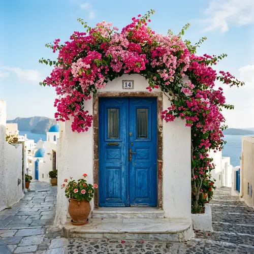 Stunning Cycladic Blue Door with Bougainvillea