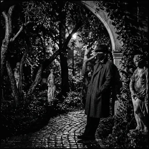Mysterious Masked Figure in Serene Garden - Classic Film Noir