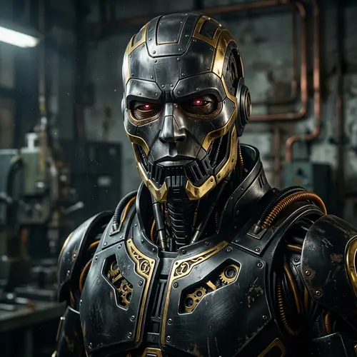 Intimidating Cyborg Portrait - Black and Gold Metallic Humanoid