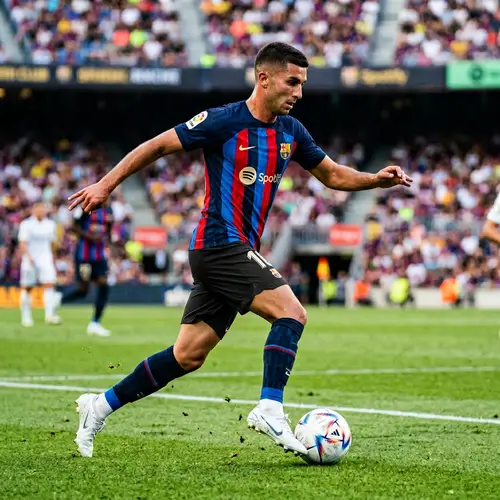 Professional Soccer Player Dribbling on Grass Field