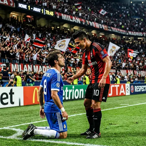 Soccer Player Kneeling Before Another in Stadium Scene