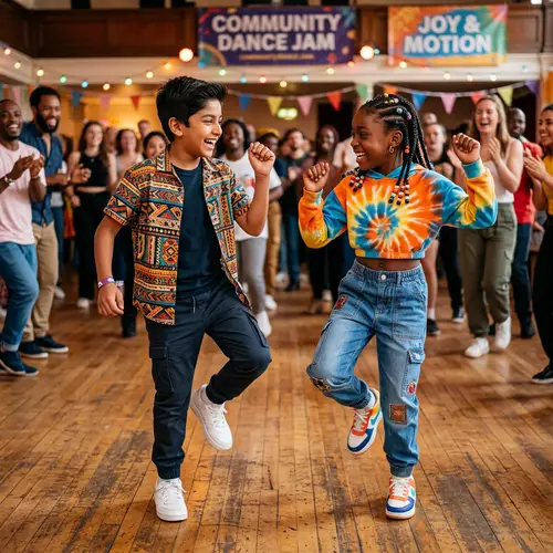 Joyful South Asian Boy and Black Girl Dancing Together