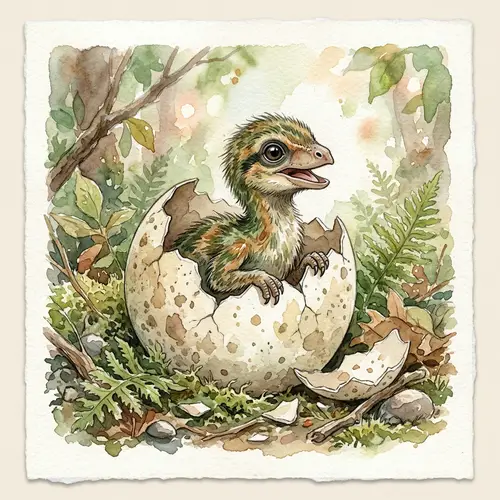 Cute Dino Raptor Hatchling in Watercolour Art