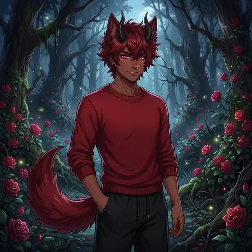 Dark Red Anime-Style Male Character with Demon Horns and Wolf Features