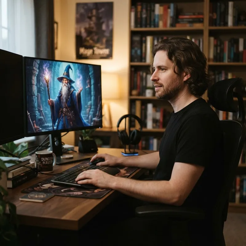 Caucasian Man Viewing Wizard Image at Computer Caucasian Man Viewing Wizard Image at Computer