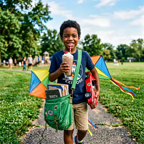 Smiling African American Boy with Milkshake, Messenger Bag, Toy Car, and Kite