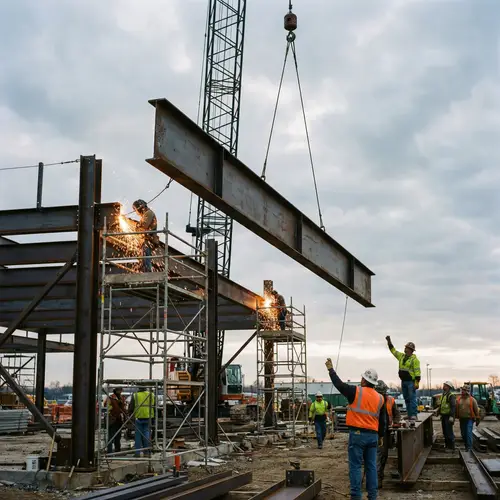 Steel Construction: Workers, Cranes, and Welding Scenes