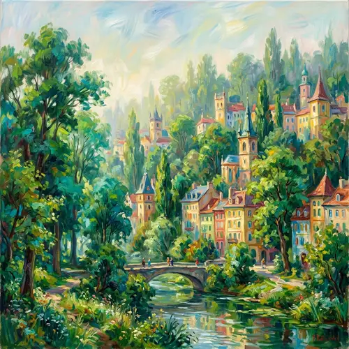Forest City Impressionism Art | Vibrant Nature & Architecture