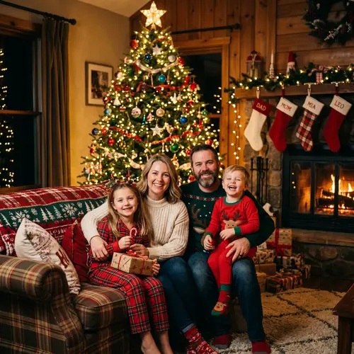 Cozy Family Christmas Photo with Twinkling Lights