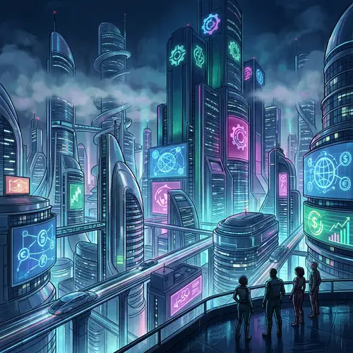 Futuristic Landscape Illustration: Colossal Corporation's Power