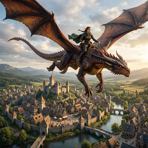 Dragon Flying Over Town with Rider