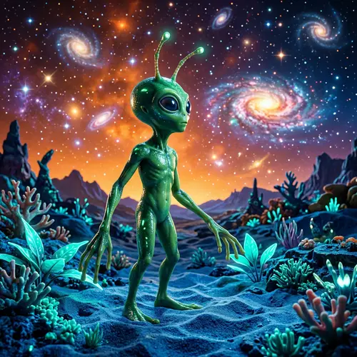 Curious Green Alien Exploration in Vibrant Galaxy Setting