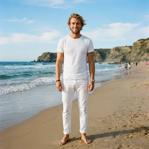 Tall Blond Man in White Jeans and T-shirt