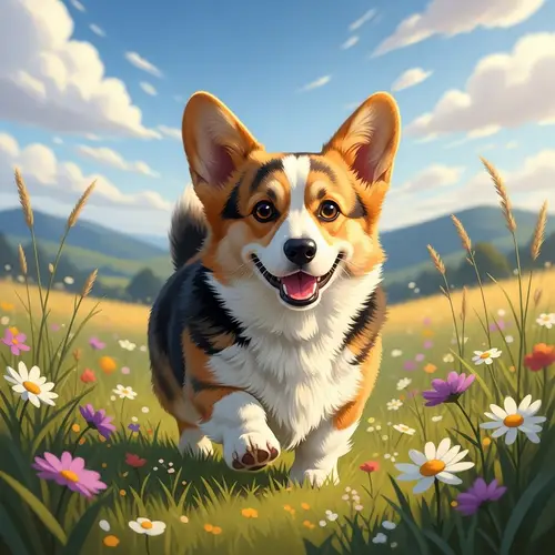 Playful Corgi in a Sunlit Meadow