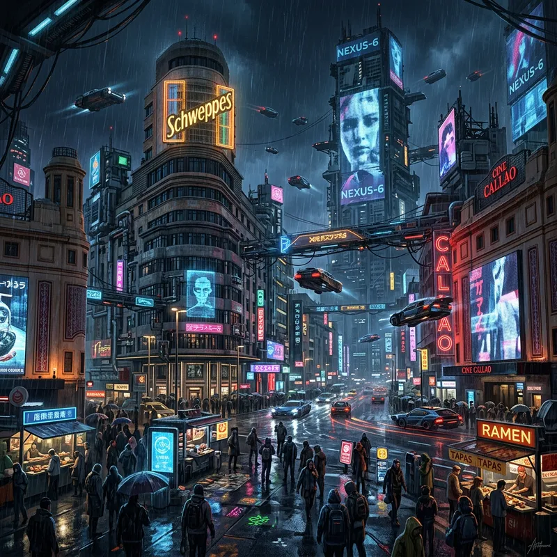 Futuristic Cyberpunk Art of Callao Plaza in Madrid