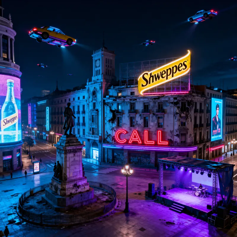 Futuristic Cyberpunk Art of Callao Plaza in Madrid