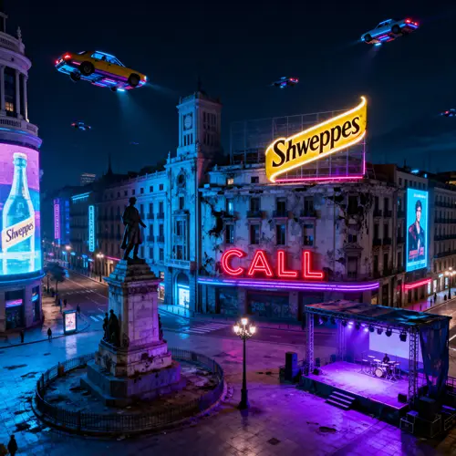 Futuristic Cyberpunk Art of Callao Plaza in Madrid
