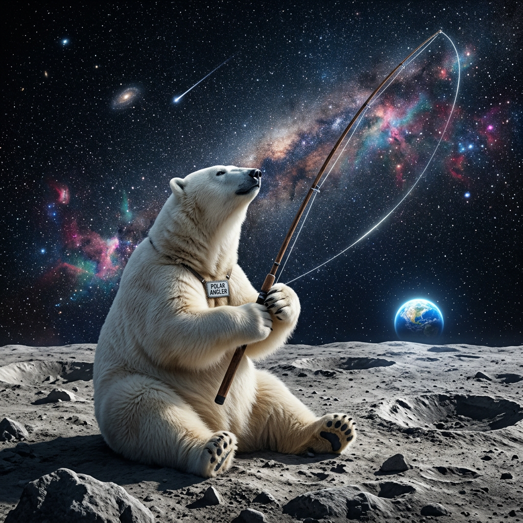 White Polar Bear Fishing for Stars on Moon | Serene Cosmic Scene