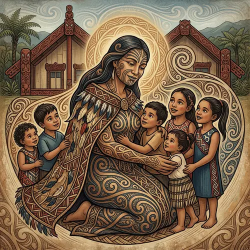 Maori Goddess: Traditional Art Depiction with Children