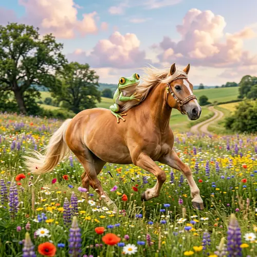 Whimsical Frog on Horse Ride - Fantasy Delight