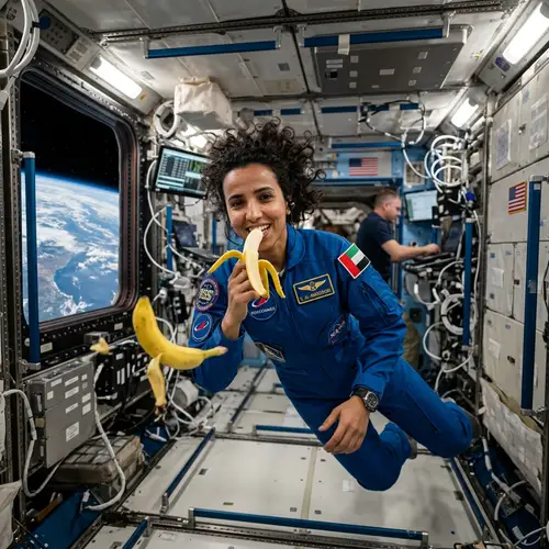 Middle-Eastern Astronaut Enjoying a Banana in Zero Gravity