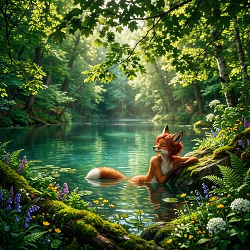 Vibrant Fox Girl Bathing in Forest Lake