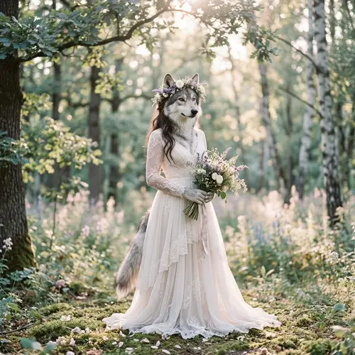 Elegant Wolf Girl in White Wedding Gown - Enchanting Forest Portrait