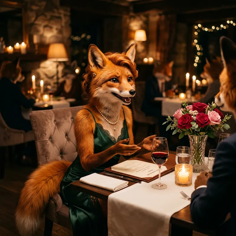 Fox Girl Dining at Romantic Restaurant with Elegant Ambience