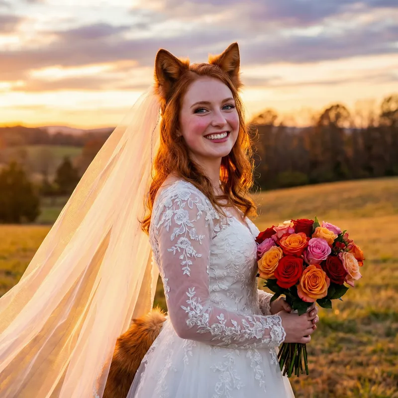 Ethereal Fox Bride in White Gown | Sunset Wedding Beauty
