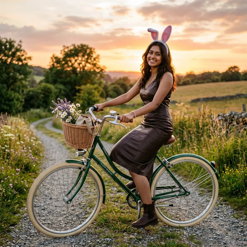 Bunny Girl in Elegant Leather Dress on Vintage Bike