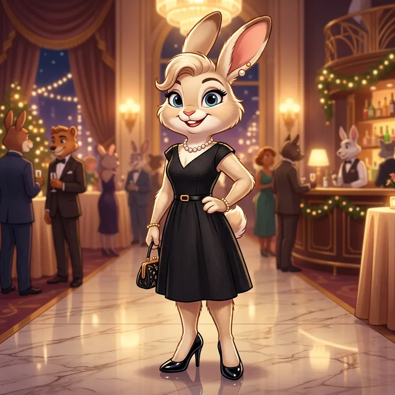 Elegant Bunny Girl in Stylish Black Cocktail Dress & Heels