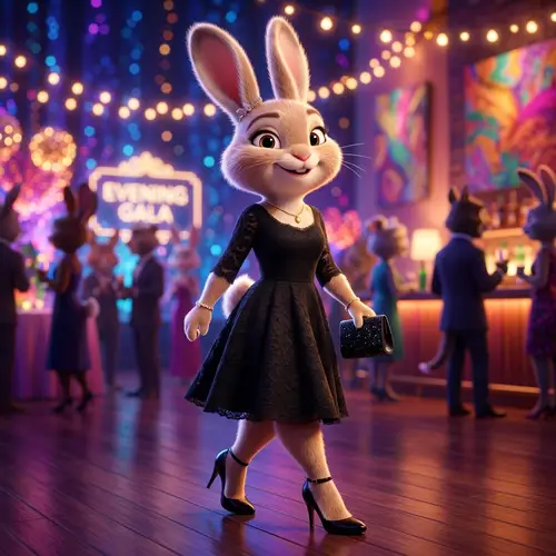 Stylish Animated Bunny in Black Cocktail Dress and High Heels