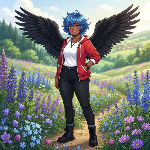 Anime-Style Teenage Character with Blue Hair & Feathered Wings