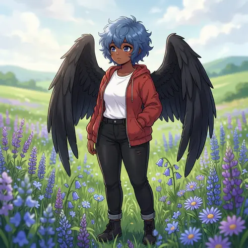 Anime-Style Character with Blue Hair and Wings in Meadow of Blue and Purple Flowers