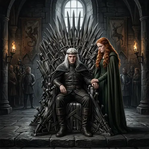 Medieval Fantasy Art with Regal Duo on Sword Throne