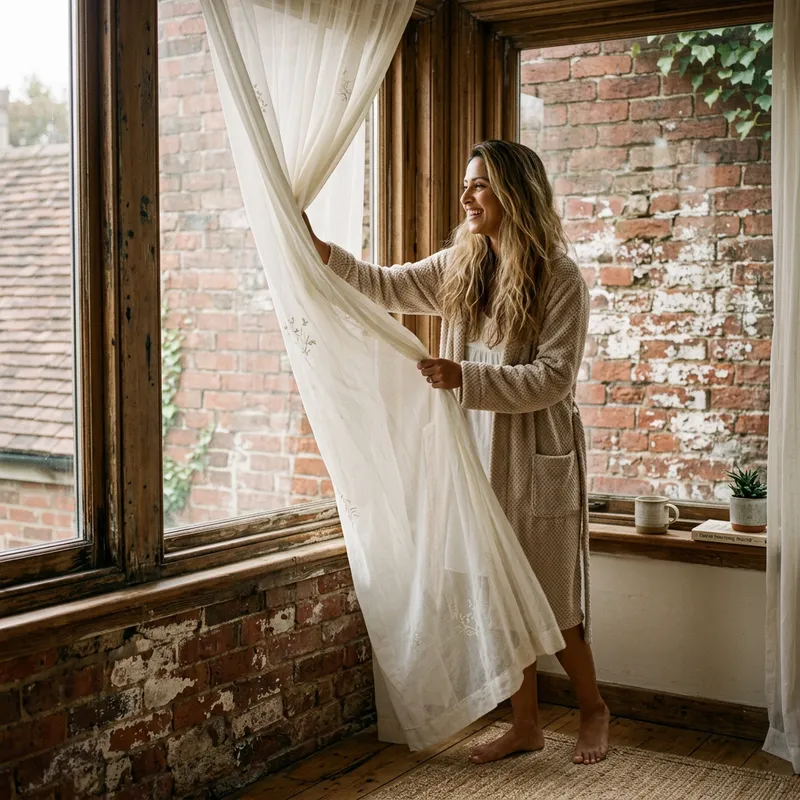 Happily Opening Window Curtains to Brick Wall